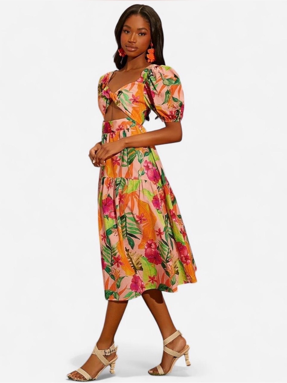 SHEIN Tropical Floral Cut-Out Puff Sleeve Midi Dress (Size S) 🌺🌴